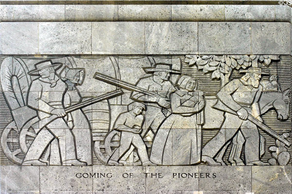 San Jacinto monument relief of Coming of the Pioneers. Houston, TX.