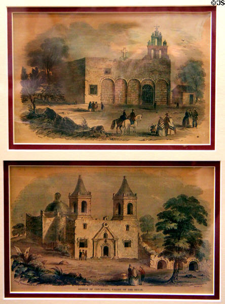 Prints of Mission San Juan (c1861) & Mission Concepcion (c1851) both near San Antonio at San Jacinto Monument museum. San Jacinto, TX.