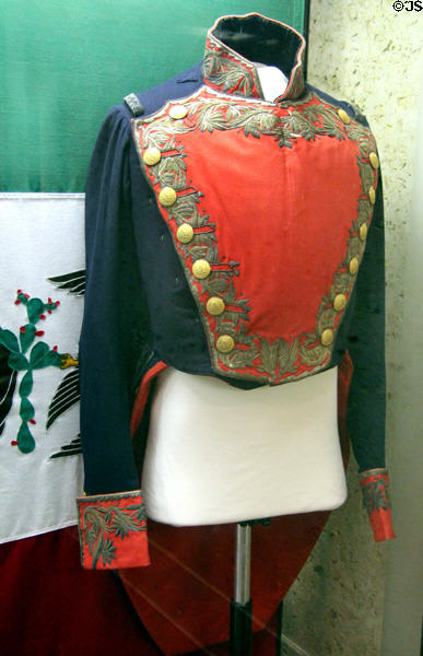 Military coat worn by Juan Morales, Commander of Mexican 4th Column at the Alamo (c1836) at San Jacinto Monument museum. San Jacinto, TX.