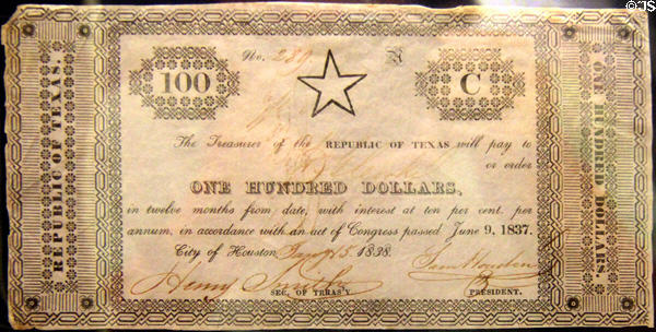 Republic of Texas $100 Bond (1837) signed by Samuel Houston at San Jacinto Monument museum. San Jacinto, TX.