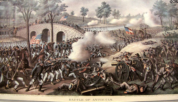 Battle of Antietam Sept. 17, 1862 engraving by Kurz & Allison at San Jacinto Monument museum. San Jacinto, TX.