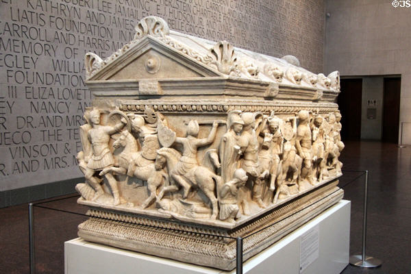 Roman marble sarcophagus showing battle between soldiers & amazons (140-170) at Museum of Fine Arts, Houston. Houston, TX.