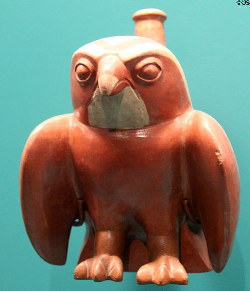 Moché ceramic hawk vessel (100-800) at Museum of Fine Arts, Houston. Houston, TX.