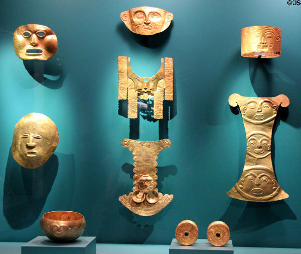 Calima gold masks & objects(1000 BCE-800 CE) from southwest Colombia at Museum of Fine Arts, Houston. Houston, TX.