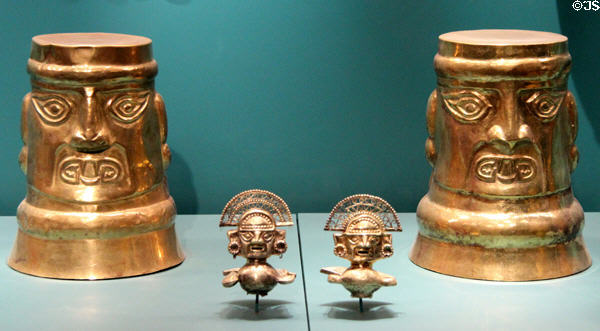Sicán gold ornaments & beakers (800-1350) from Lambayeque, Peru at Museum of Fine Arts, Houston. Houston, TX.