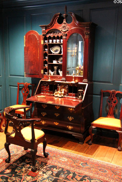 Rococo desk & bookcase (c1755-90) with double-back & side chairs all from Boston or Salem at Bayou Bend. Houston, TX.