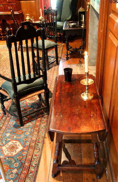 Pine room with American objects of Early Baroque style (1690-1730) including drop-leaf table at Bayou Bend. Houston, TX.
