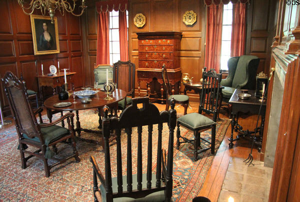 Pine room with American objects of Early Baroque style (1690-1730) including high-chest of drawers at Bayou Bend. Houston, TX.