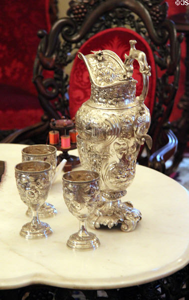 Silver-plated pitcher & goblets in Belter Parlor at Bayou Bend. Houston, TX.