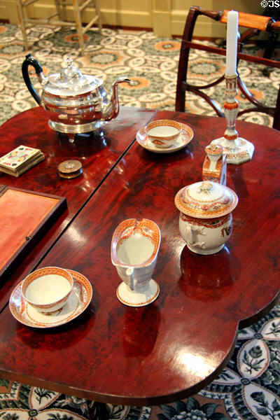 Chinese-export porcelain tea service on drop-leaf table in Music Room at Bayou Bend. Houston, TX.