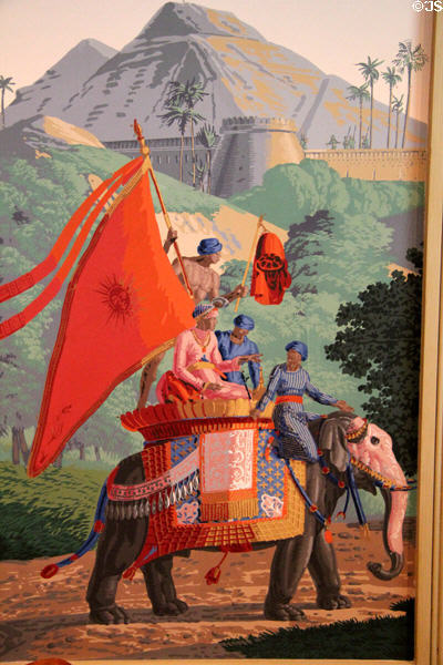 Mural wallpaper with men riding Indian elephant in Music Room at Bayou Bend. Houston, TX.