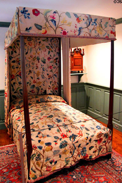 Four poster bed with embroidered hangings & coverlet in Queen Anne bedroom at Bayou Bend. Houston, TX.