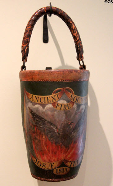 Leather fire bucket (1815) from home of Jos. F. Tufts of Ancient Fire Society at Bayou Bend. Houston, TX.