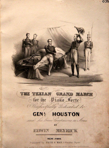 Texian Grand March sheet music (1836) by Edwin Meyrick dedicated to Genl. Houston at Bayou Bend. Houston, TX.