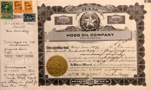 Hogg Oil Co. stock certificate (1939) at Bayou Bend. Houston, TX.