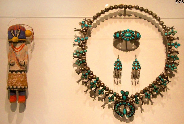 Wooden Hopi Kachina doll & Navajo silver & turquoise jewelry at Bayou Bend. Houston, TX.