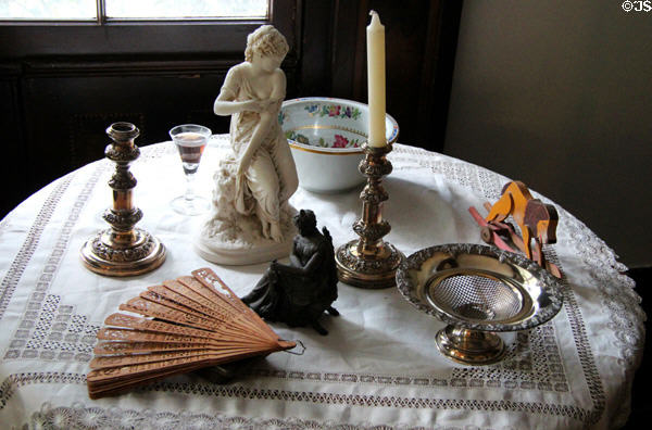 Table with antique objects at Nichols-Rice-Cherry House at Sam Houston Park. Houston, TX.
