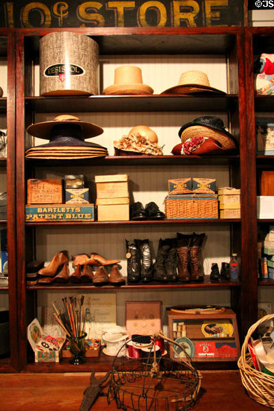 Shelves with hats & shoes in General Store at Sam Houston Park. Houston, TX.