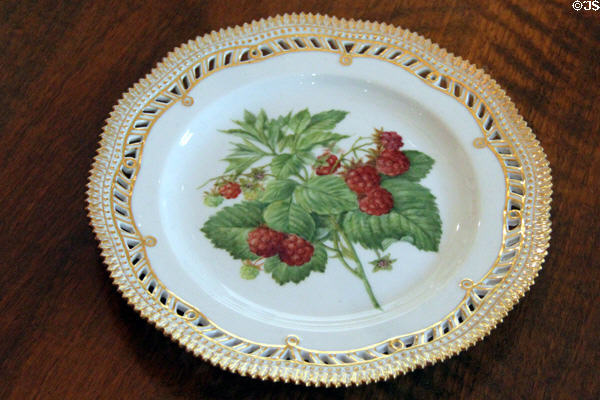 Porcelain Royal Copenhagen 'Flora Danica' plate painted with raspberries at Rienzi house museum. Houston, TX.