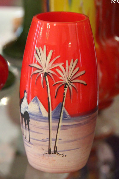 Czech glass vase painted with pyramid scene at Czech Cultural Center. Houston, TX.