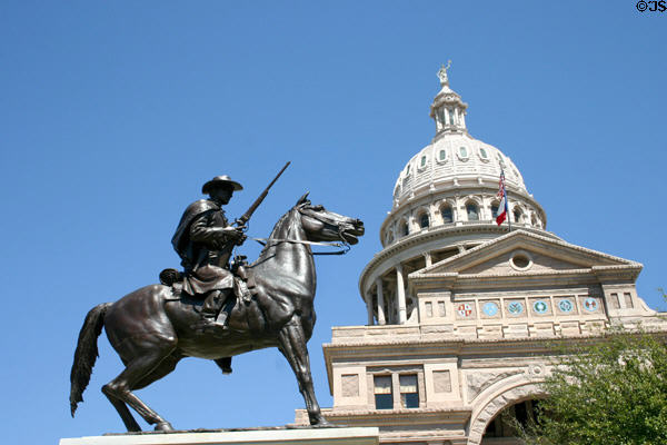 Terry's Texas Rangers monument (1907) by Pompeo Coppini with State Capitol. Austin, TX.