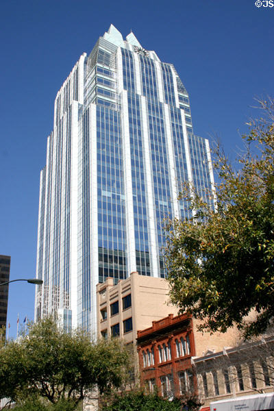 Frost Bank Tower (2004) (33 floors) (401 North Congress Ave.) with four inward leaning facets at crown. Austin, TX. Style: Postmodern. Architect: HKS Inc..