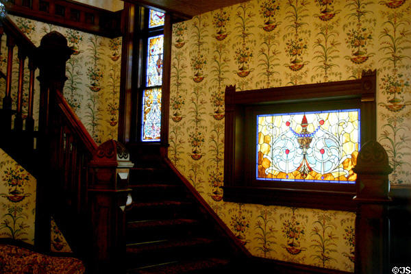 Daniel H. Caswell house interior of entry hall with stained glass. Austin, TX.