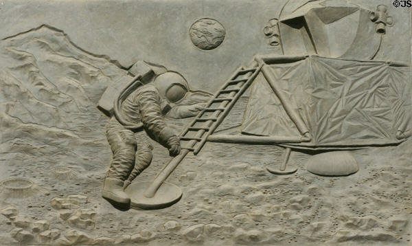 Sculpted history panel of lunar landing by Michael O'Brien on Texas State History Museum. Austin, TX.