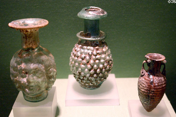 Lyndon B. Johnson Library gift to LBJ of 3 mold-blown glass perfume bottles (1st-2ndC CE) from Israel. Austin, TX.