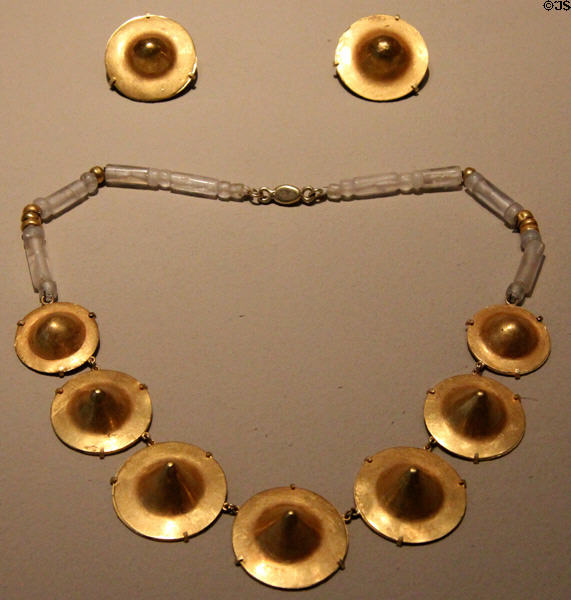 Gold & crystal necklace & earrings (1000) from Tairona region of Colombia at San Antonio Museum of Art. San Antonio, TX.