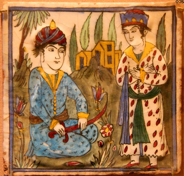 Earthenware tile with two Persian figures (19th C) from Iran at San Antonio Museum of Art. San Antonio, TX.