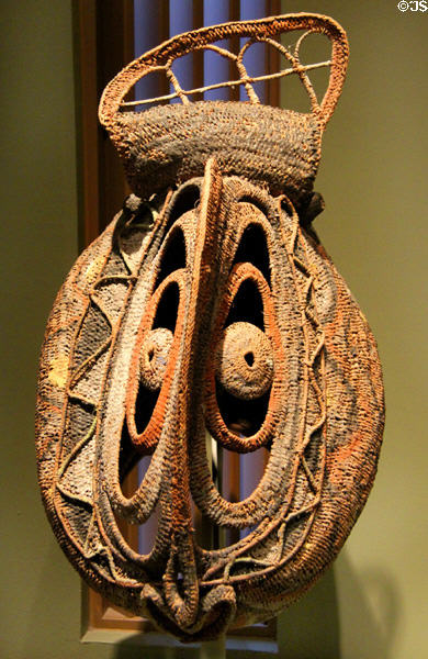 Rattan basketry yam mask (early 20th C) by Numbungai people of Southern Maprik region of Papua New Guinea at San Antonio Museum of Art. San Antonio, TX.