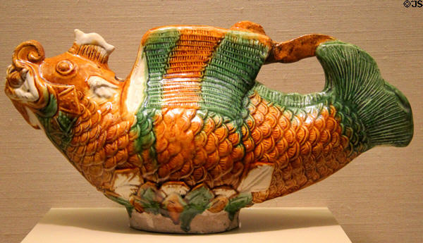 Liao dynasty earthenware Sancai ware ewer in shape of fish (907-1125) from China at San Antonio Museum of Art. San Antonio, TX.