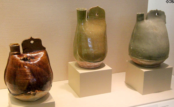 Liao dynasty earthenware cockscomb flasks (907-1125) from China at San Antonio Museum of Art. San Antonio, TX.