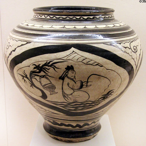 Yuan dynasty stoneware Cizhou ware jar (1279-1368) from China at San Antonio Museum of Art. San Antonio, TX.
