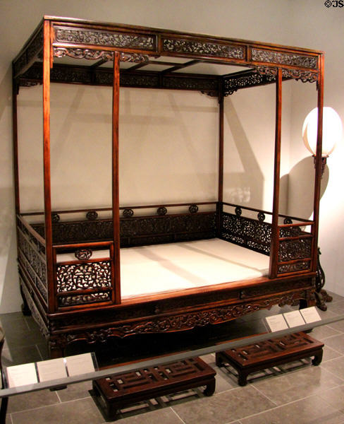 Qing dynasty canopy bed (late 17th C) from China at San Antonio Museum of Art. San Antonio, TX.