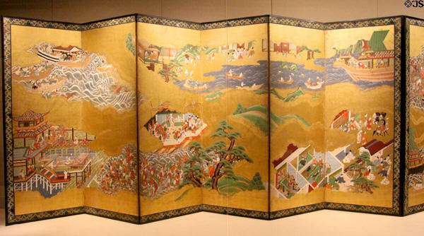 Japanese screen with story of Great Woven Cap from Edo period (early 18th C) at San Antonio Museum of Art. San Antonio, TX.
