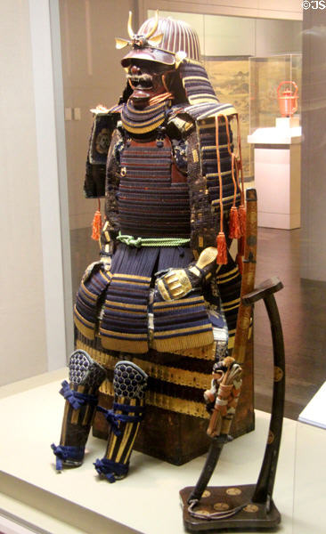 Edo period Japanese armor (18th C) & Samurai sword (c1400) at San Antonio Museum of Art. San Antonio, TX.