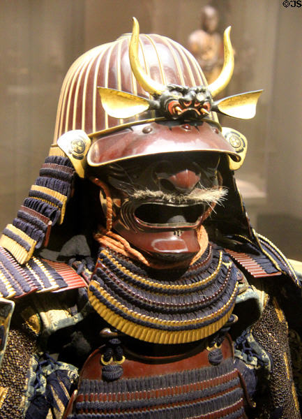 Detail of helmet of Edo period Japanese armor (18th C) at San Antonio Museum of Art. San Antonio, TX.