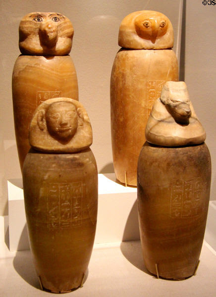 Egyptian alabaster canopic jars (c1069-664 BCE, Third Intermediate Period, Dynasty 21-25) at San Antonio Museum of Art. San Antonio, TX.