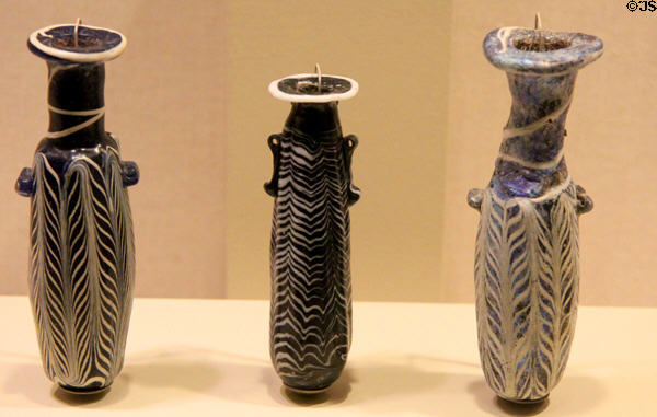 Core-formed glass perfume alabastra (6th-1st C BCE) from Eastern Mediterranean at San Antonio Museum of Art. San Antonio, TX.