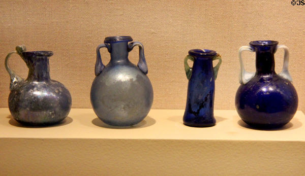 Free-blown cobalt blue glass vessels (1st-2nd C CE) from Eastern Mediterranean at San Antonio Museum of Art. San Antonio, TX.