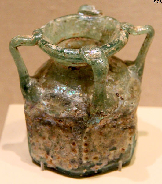 Byzantine glass pilgrim bottle (6-7th C CE) prob. from Jerusalem at San Antonio Museum of Art. San Antonio, TX.