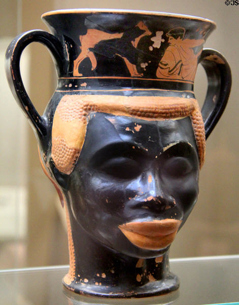 Back side of Attic terracotta Kantharos drinking cup with image of African man (c470 BCE) from Greece at San Antonio Museum of Art. San Antonio, TX.