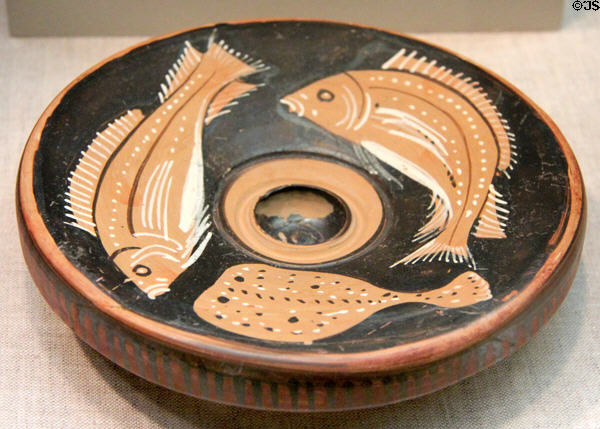 Greek terracotta red-figure fish plate (c330-320 BCE) from Southern Italy at San Antonio Museum of Art. San Antonio, TX.