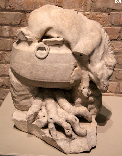 Roman carved marble pig in cauldron (Lowther Castle pig) (1st-2nd C CE) at San Antonio Museum of Art. San Antonio, TX.