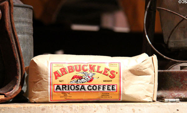 Arbuckles' Ariosa Coffee, the first pre-roasted coffee which took over the market & became the favorite of cowboys. It came with one peppermint candy stick which cooks gave as a reward to the cowboy who ground the coffee at Institute of Texan Cultures. San Antonio, TX.