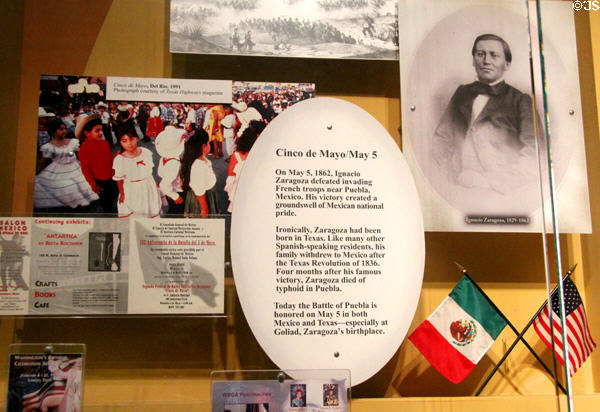 Cinco de Mayo / May 5 celebration display with photo of Ignacio Zaragoza who won revolutionary battle of Puebla, Mexico (1862) from Hispanic culture at Institute of Texan Cultures. San Antonio, TX.
