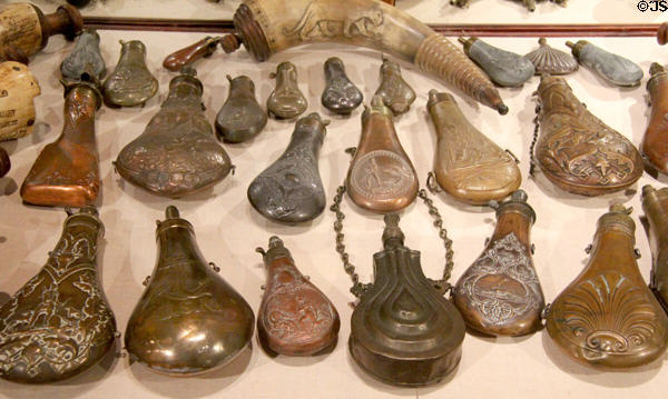 Collection of powder flasks at Buckhorn Museum. San Antonio, TX.
