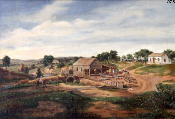 Painting of a pioneer mill with waterwheel at Guenther House Museum. San Antonio, TX.